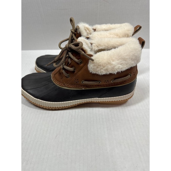 NEW JSport Womens Mary Faux Fur Trimmed Slip On Duck Boots Brown Leather Sz 8M - Picture 2 of 6